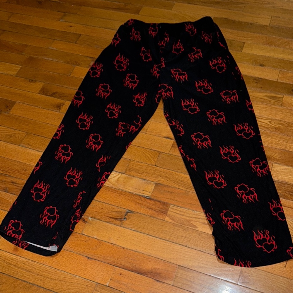 Black Pants with Red  Heart Flame Pattern